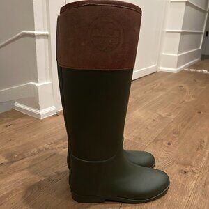 Tory Burch Diana Rainboots - Green Rubber and Brown Leather Upper
